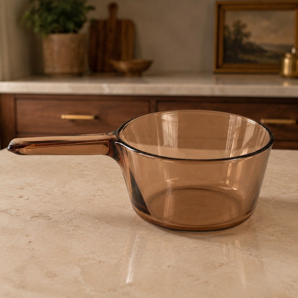 Vintage Corning Visions Amber 1.5L Glass Saucepan Brown Cookware
